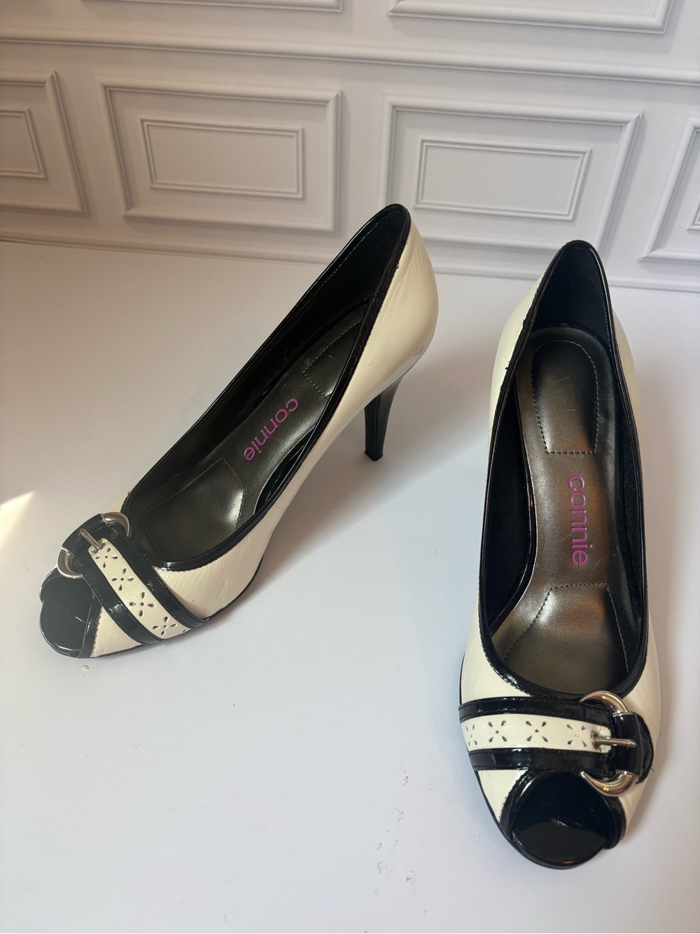 Connie Women’s Black & Ivory Peep Toe Heels – Size 9.5